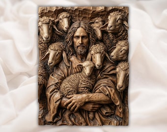 Good Shepherd 3D Relief STL | Jesus with Lamb CNC File | Christian Wall Art Wood Carving STL | Bible Farm Sheep Relief