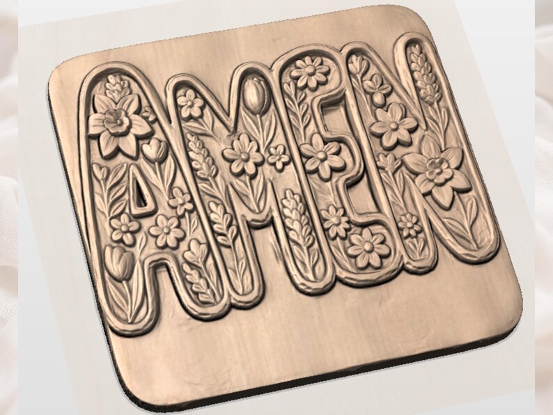 Amen STL | Woordreliëf met bloemen | Christelijke muurdecoratie | Faith Home-kunstwerk | Ontwerp houtsnijwerk | Plaquette lentebloem| Christelijke decoratie afbeelding 2