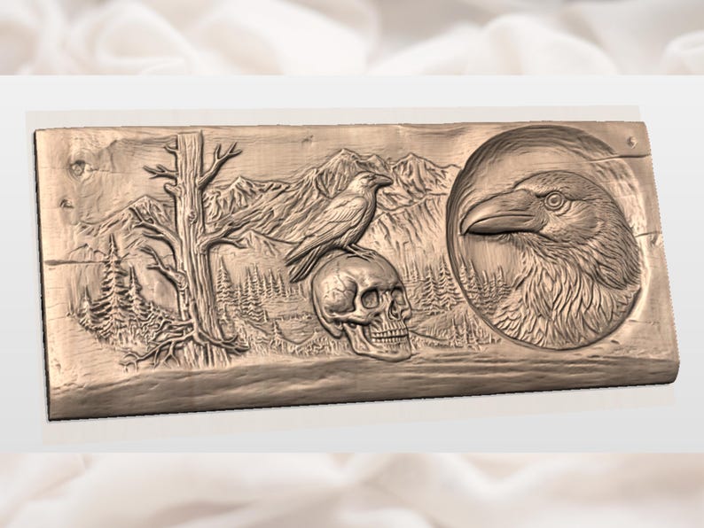 Raven Skull Relief STL | Gothic Norse Wall Plaque | Dark Woodland Bird Art | Rustic Mountain Cabin Decor | Hand Carved Wood Grain image 3