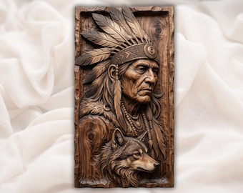 Native Chief File | Headdress Profile Carving | Wolf Spirit Decor | Western Cabin Artwork | Engraved Wood Look | Heritage Wall Plaque