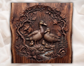 Escultura rústica de pato-real em CNC STL | Decoração com entalhe de família de patos em riacho | Painel de arte de parede com família de patos | Relevo de pato-real e filhotes | Presente para o Dia dos Pais