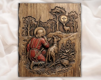 Saint Hubertus Vision 3D Relief STL | Patron Saint of Hunters CNC Router Wood Carving File | Christian Hunting Scene Bas-Relief