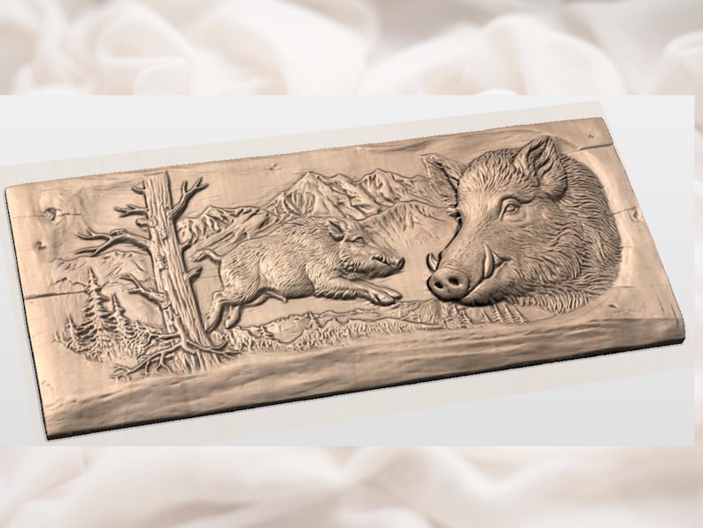 May include: A wooden relief carving showing a wild boar and a running piglet in a natural landscape. The carving features a detailed depiction of a tree, mountains, and the boars' heads. The artwork is in shades of brown.