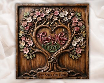 カスタム結婚記念日生命の樹STL | カップルの名前入り年号プレート | Aspire VCarve Pro Carveco | 2つの魂1つの心結婚祝い
