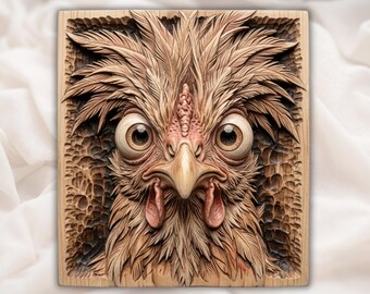 Whimsical Crazy Chicken Portrait CNC Relief STL | Farmhouse Wall Art Panel | Funny Rooster Wood Carving Design