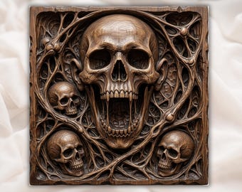Dark Gothic Macabre Skulls and Roots CNC Relief STL | Memento Mori Wood Wall Art | Horror Occult Panel | Intricate Fantasy Carving Decor