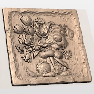 Cute Dog with Flowers Relief STL view 2