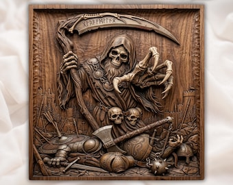 Grim Reaper Dark Warrior Battle Scene CNC Relief STL | Viking Skeleton Wall Art | Gothic Fantasy Decor Panel