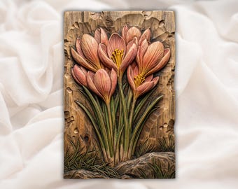 Crocus Flowers 3D-reliëf STL voor CNC-router | Houtsnijwerk paneel lentebloemen | 3D-afdrukken