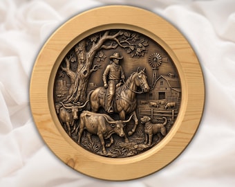 西部風牧場カウボーイのレリーフ（STLファイル）｜回転式壁掛け飾り｜馬、ロングホーン牛、納屋、犬、風車｜素朴なロッジ風農家装飾