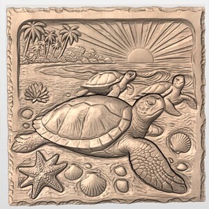 Sea Turtle Beach Scene 3D Relief STL for CNC Router view 3
