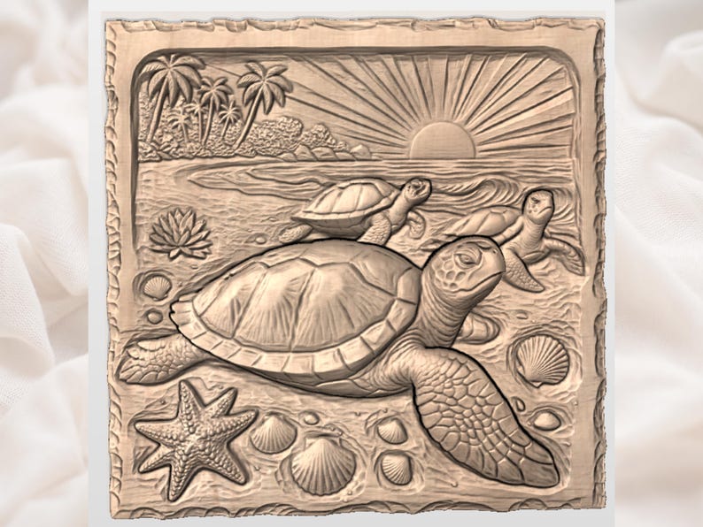 May include: A wooden relief carving depicting a beach scene with sea turtles, a starfish, and seashells. The artwork features palm trees, a setting sun, and detailed textures, creating a serene coastal theme.