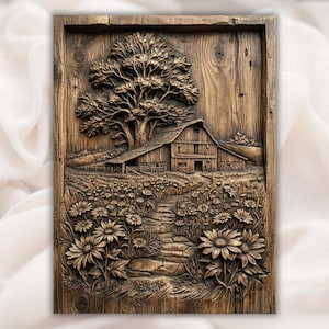 Rustic Barn Flower Path 3D Relief STL view 1