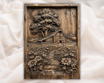 Rustic Barn Flower Path 3D Relief STL | CNC Router Wood Carving File | Farmhouse Landscape Tree Wall Art Panel | Country Decor