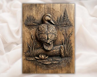 Archivo STL de relieve 3D de pato en lago / Tallado CNC de vetas de madera de aves acuáticas / Panel de arte mural de estanque pantanoso / Aspire, VCarve Pro, Carveco, Fusion, ArtCAM