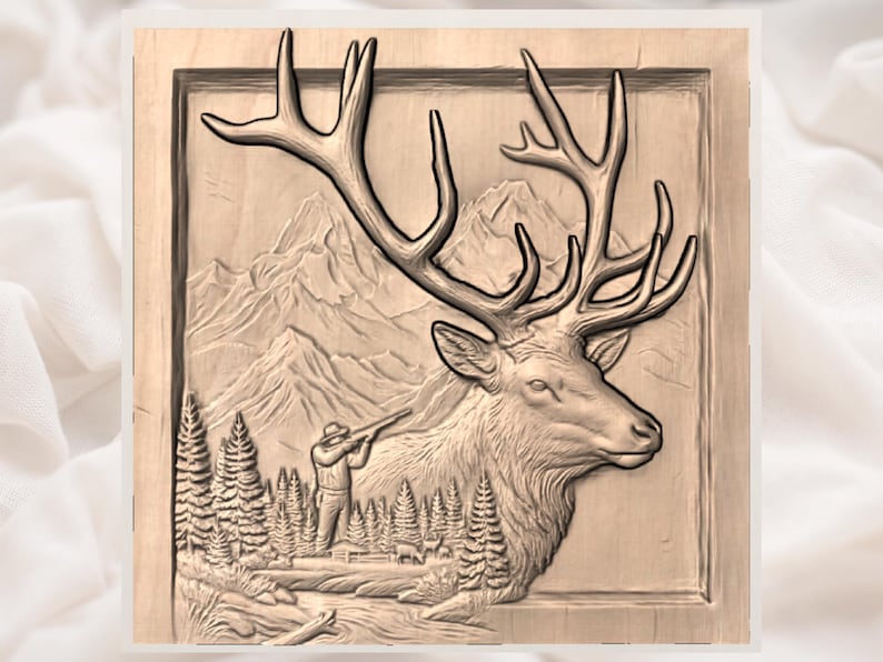 May include: A detailed wood carving depicting a majestic elk with large antlers, set against a mountainous backdrop with a hunter. The artwork is framed and features intricate details of trees and terrain, showcasing a natural theme.