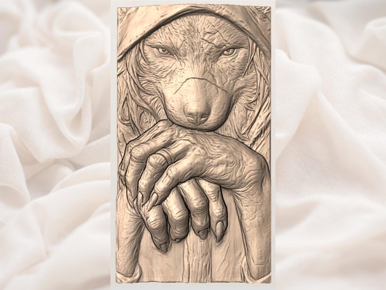 May include: A detailed relief carving depicts a wolf-like creature wearing a hood, with human-like hands clasped together. The carving is in shades of brown and beige, with intricate details on the fur, face, and hands. The overall theme is fantasy or mythology.