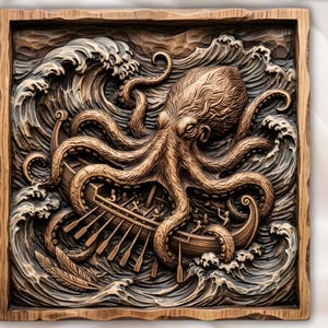 May include: A square wooden wall art piece featuring a detailed relief carving of a large octopus wrapping its tentacles around a wooden rowboat in turbulent, swirling ocean waves. The artwork is rendered in shades of brown and tan wood tones.