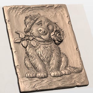 Cute Puppy with Rose Relief STL view 2
