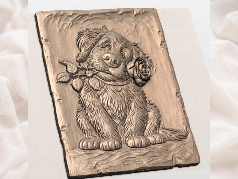 May include: A detailed relief carving of a puppy holding a rose in its mouth. The puppy has fluffy fur and is wearing a collar. The carving is on a rectangular wooden plaque with a rustic, textured appearance.