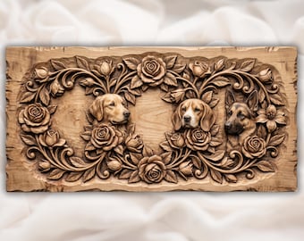 Painel de Arte de Parede com Retrato de Cachorro e Flores | Escultura em Relevo de Rosas para Homenagem a Animais de Estimação | Design em Madeira CNC Aspire VCarve Carveco | Presente para Amantes de Animais de Estimação