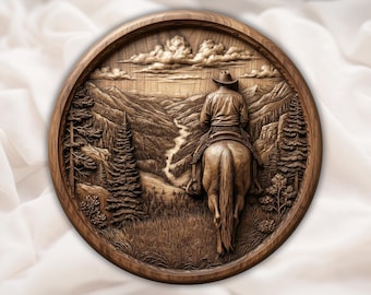 Caballo vaquero redondo STL / Archivo de tallado de madera CNC en relieve 3D / Placa de pared con paisaje del oeste / Modelo rústico de impresión 3D / Decoración del hogar