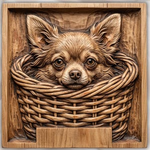 May include: A square wooden wall plaque featuring a detailed relief carving of a long-haired chihuahua dog sitting inside a woven basket. The natural brown wood grain is visible throughout the artwork, highlighting the texture of the dog's fur and the intricate weave of the basket. The carving is set within a simple, flat-edged wooden frame.