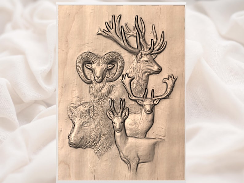 May include: A wooden relief carving featuring five different animals: a ram, a boar, and three types of deer. The animals are carved in a detailed, realistic style, with visible fur and antlers. The carving is set against a light brown background.
