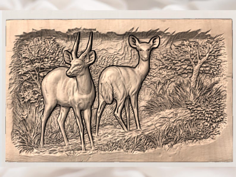 May include: A wooden relief carving depicting two deer in a naturalistic setting. The deer, one with prominent antlers, stand amidst detailed foliage, including trees and tall grasses. The artwork is rendered in shades of brown, creating a textured, three-dimensional effect.