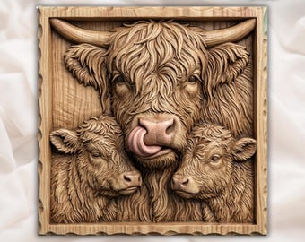 Highland Cow and Calves Motherhood | 3D Relief STL | Rustic Farmhouse Wall Art | CNC Router | 3D Print
