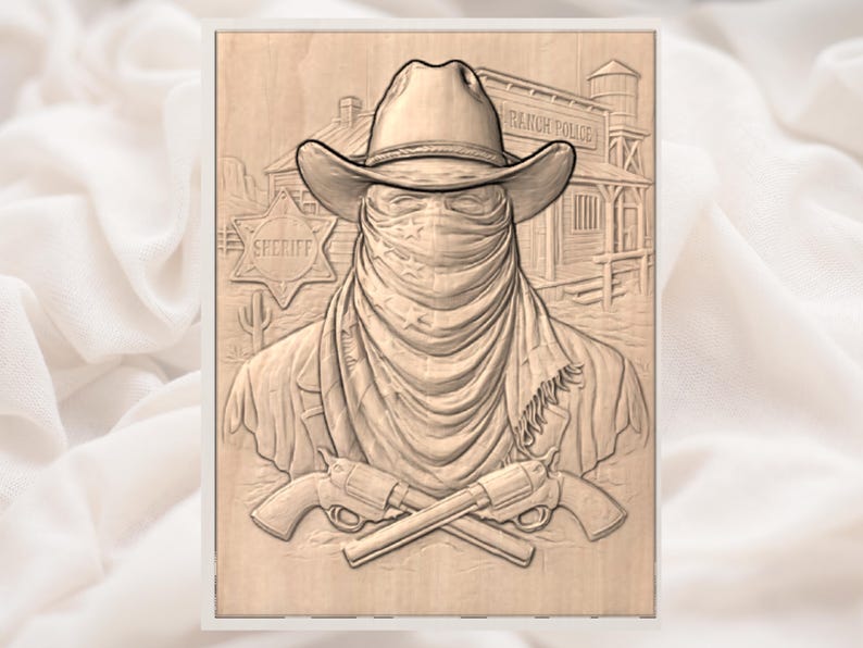 Figura 3D de sheriff vaquero forajido (archivo STL) / Arte mural western de pistolero con bandana / Compatible con fresadoras CNC Aspire, VCarve Pro, Carveco, Fusion 360 y ArtCAM. imagen 3