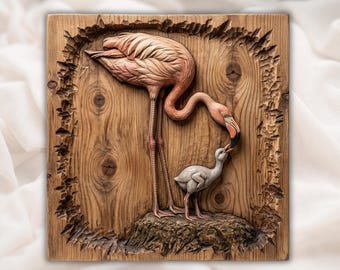 Flamingo Familie STL | Mama Baby Vogel Relief | Küstenwanddekor | Tropisches Kinderzimmer | Holzschnitzerei Design | Vogel Plaque-Datei