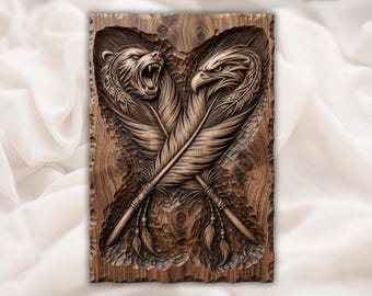 Bear Eagle STL | Feather Totem Relief | Rustic Lodge Wall Decor | Spirit Animal Artwork | Wood Carving Design | Tribal Plaque File