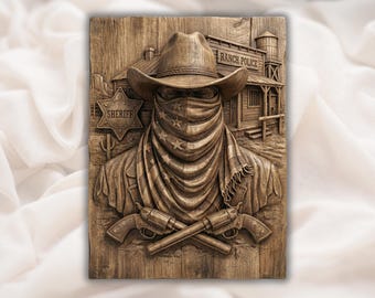 Figura 3D de sheriff vaquero forajido (archivo STL) / Arte mural western de pistolero con bandana / Compatible con fresadoras CNC Aspire, VCarve Pro, Carveco, Fusion 360 y ArtCAM.