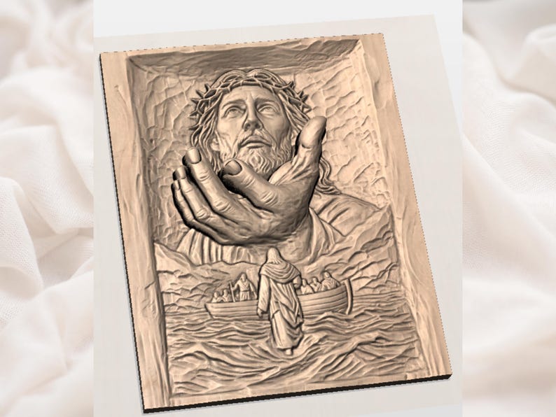 May include: A wooden relief carving depicting a religious scene. The carving shows a figure with a crown of thorns reaching out a hand towards a figure walking on water, with a boat in the background. The carving is in shades of brown.