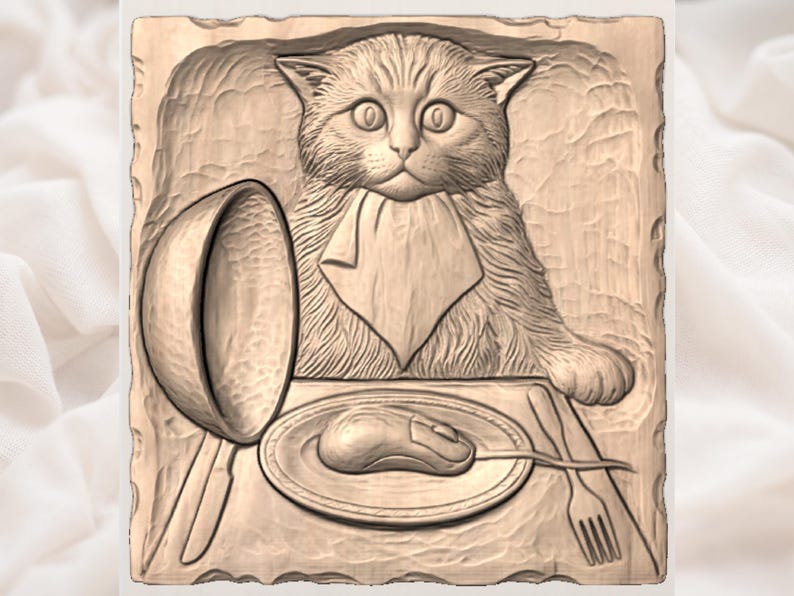 Funny Cat Dining STL | Whimsical Kitchen Relief CNC File | Cat with Mouse Plate Wood Carving | Farmhouse Wall Art | Rustic Cat Lover Plaque image 3