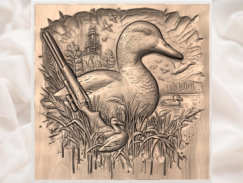 May include: A detailed wood carving depicting a duck with a rifle, a smaller duckling, and a lake scene. The artwork features a detailed relief of the duck, tall grass, and a building in the background. The carving is in shades of brown.