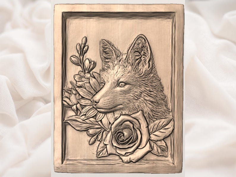 May include: A wooden relief carving of a fox's head surrounded by flowers, including a large rose. The fox is depicted in profile, with detailed fur and facial features. The carving is set within a rectangular frame.