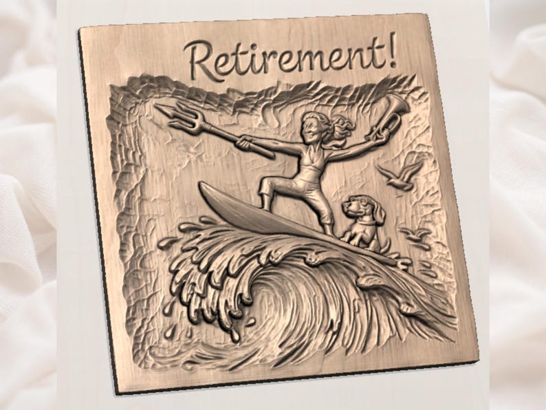 May include: A wooden plaque with the word "Retirement!" carved at the top. The plaque features a person surfing on a wave, holding a trident and a horn, with a dog and birds. The design is in a relief style.