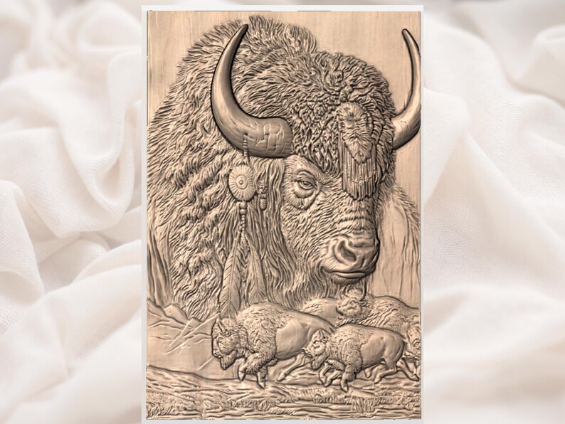May include: A detailed wood carving of a bison with large horns and a textured coat. The carving depicts the bison's head and a herd of bison in the background. The artwork is in shades of brown and tan.