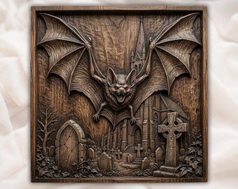 Gothic Bat Graveyard Church CNC Relief STL | Haunted Cemetery Wood Carving Design | Halloween Wall Art Panel