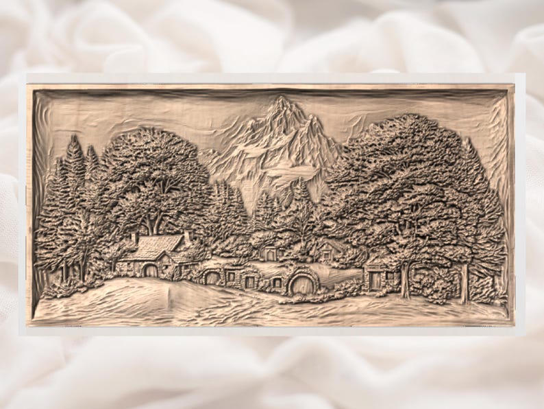 May include: A detailed relief carving depicting a serene landscape with a mountain range, trees, and hobbit-hole style dwellings. The artwork is rendered in a warm, earthy tone, creating a sense of depth and tranquility. The scene is framed within a rectangular border.