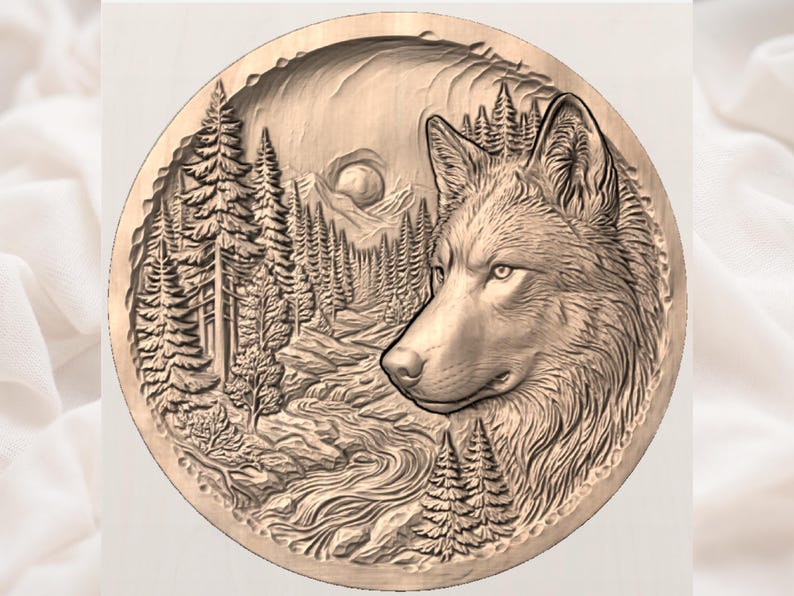 May include: A detailed, circular relief carving depicting a wolf's head and a forest scene. The wolf is in profile, with a detailed fur texture. The forest includes trees, a river, and a distant sun or moon. The carving is in shades of brown.