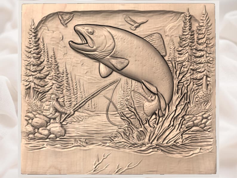 May include: A wooden relief carving depicts a leaping fish, a fisherman, and a forest scene. The fish is jumping out of the water, with the fisherman casting a line. The background includes trees and birds, all carved in a natural wood tone.