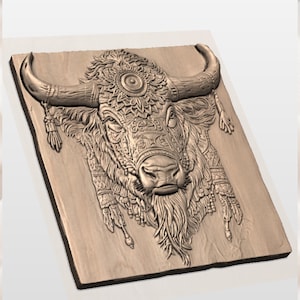 Tribal Buffalo Head 3D Relief STL view 3