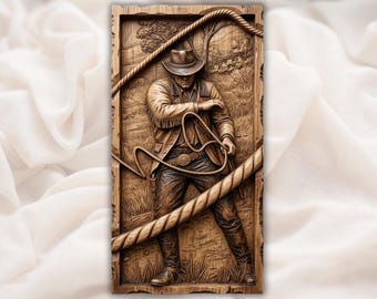 Cowboy Lasso Relief | Western Cowboy Roper | Lasso Wall Decor | Rustic Ranch Art  |  Western Wall Art | Ranch Roper Panel
