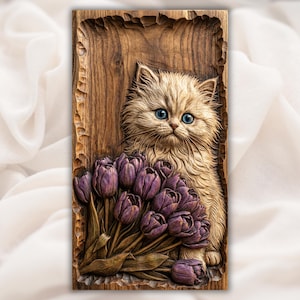 Cute Kitten with Tulips STL view 1