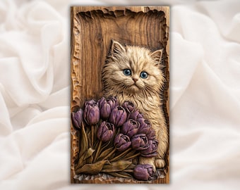 Cute Kitten with Tulips STL | 3D Cat Relief CNC Carving File | Floral Cat Wall Art Panel | Hand Carved Wood Grain Style 3D Print
