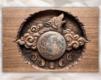 Alpha Wolf Moon STL | Relevo da Fase Lunar da Vida Selvagem | Design de Relevo CNC de Lobo Celestial | decoração de lobo | arte de parede de lobo | arte de lobo fantástica