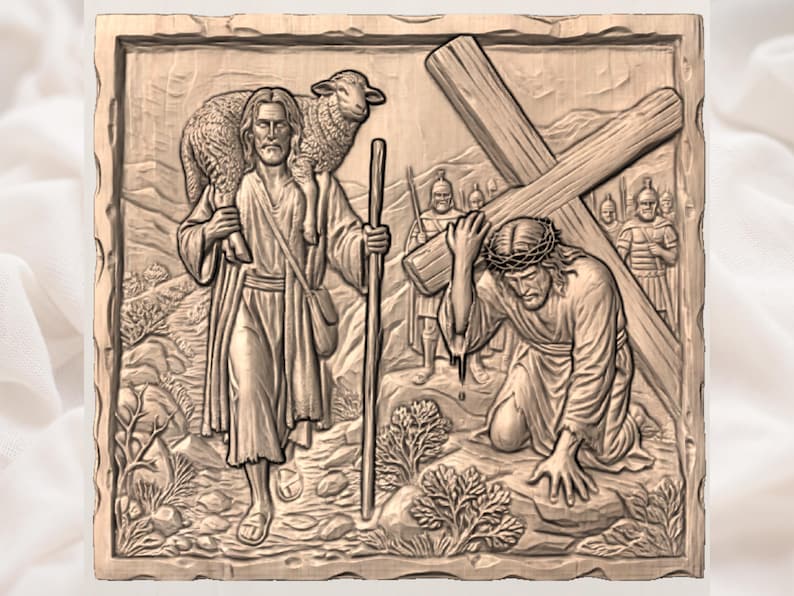 May include: A detailed relief carving depicting a religious scene. The central figure carries a lamb, while another figure kneels under a cross. Soldiers and a landscape are also carved into the wooden surface.